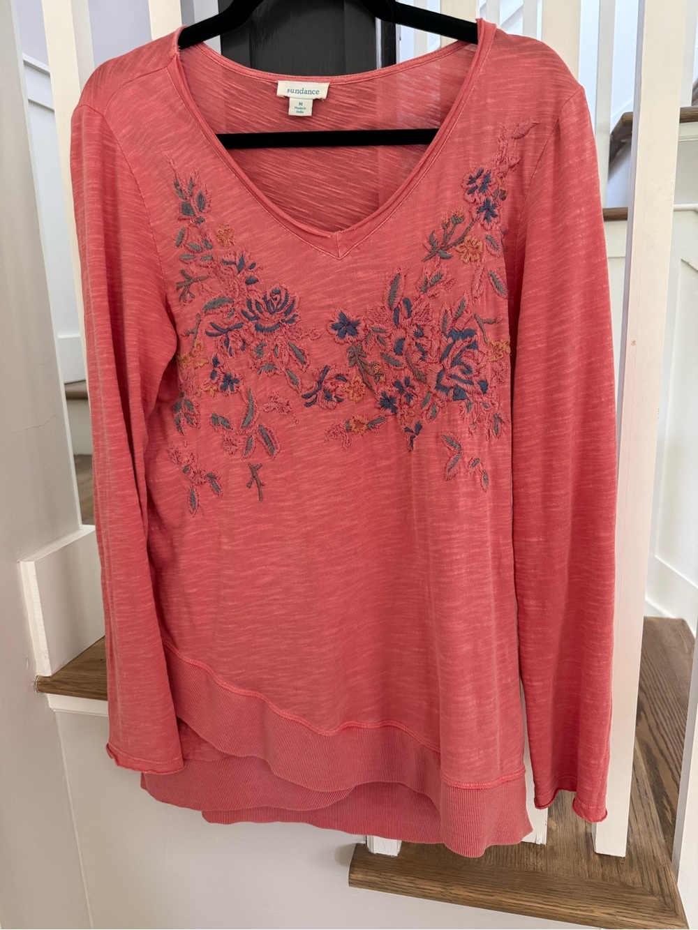Sundance Coral Long-Sleeve V-Neck Top with Floral Embroidery